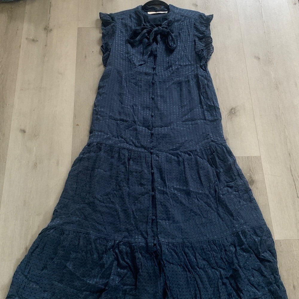 Marie Oliver Kylee Dress, Ocean ruffle silk blend Size S maxi solid blue tie - Picture 11 of 16